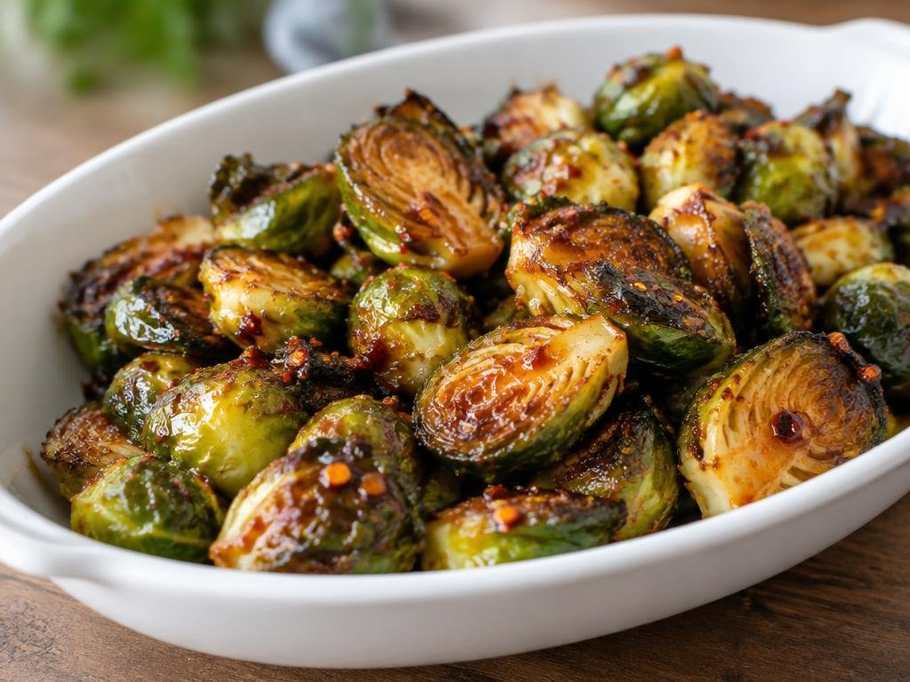 Browned halved Brussels sprouts coated in glossy chili honey in a white serving dish (illustrative image)