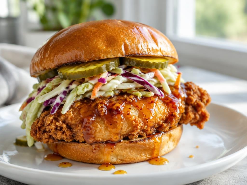 Crispy hot honey chicken sandwich with pickles and cabbage slaw in a golden brioche bun (illustrative image)