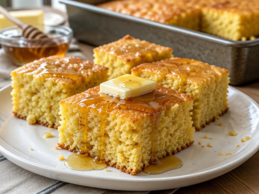 Golden cornbread squares with a butter pat and glossy honey drizzle on a white plate (illustrative image)
