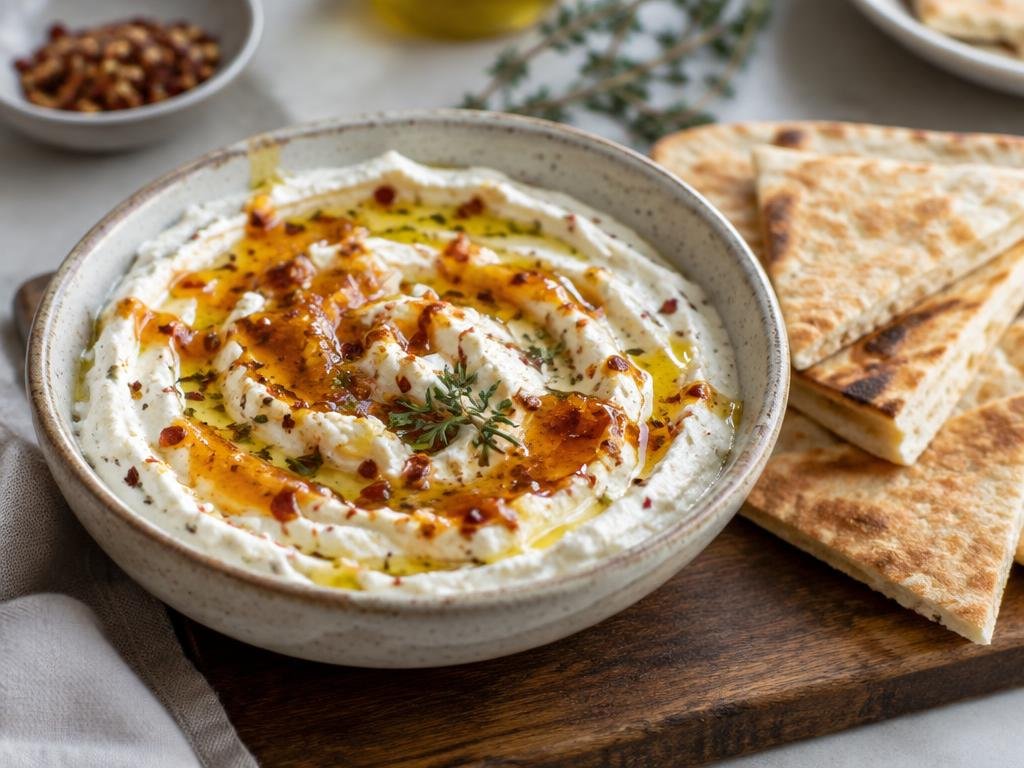 Whipped feta dip in a speckled ceramic bowl with a hot honey and chili oil drizzle beside toasted pita wedges (illustrative image)