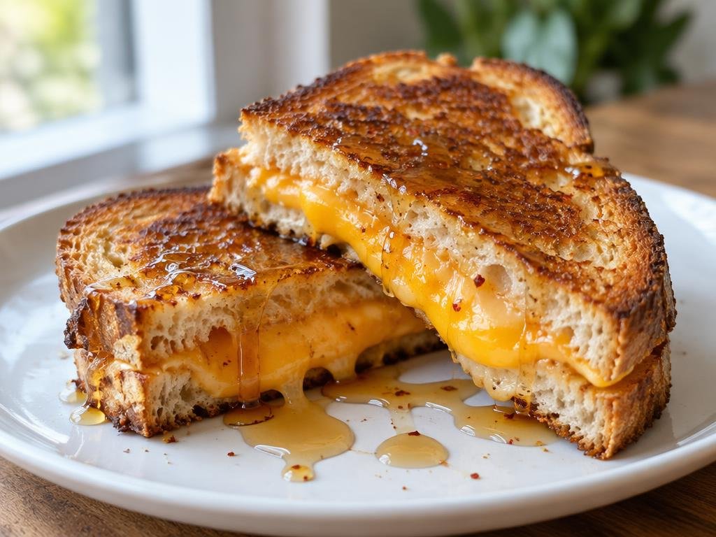 Toasted sourdough grilled cheese cut diagonally with melted cheddar and glossy honey drizzle (illustrative image)