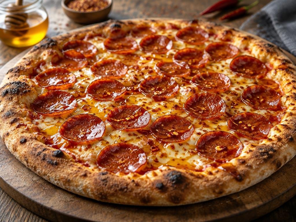Pepperoni and mozzarella pizza with browned crust and a glossy hot honey drizzle on a wooden board (illustrative image)
