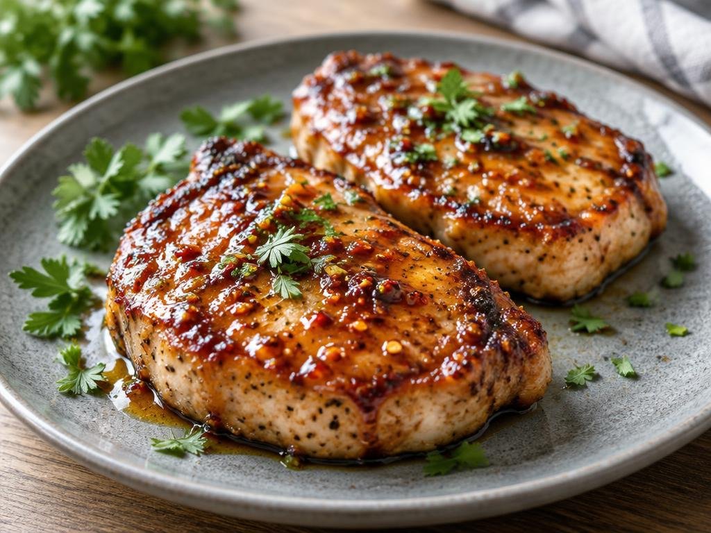Browned boneless pork chops coated in glossy chili honey on a gray ceramic plate with herbs (illustrative image)