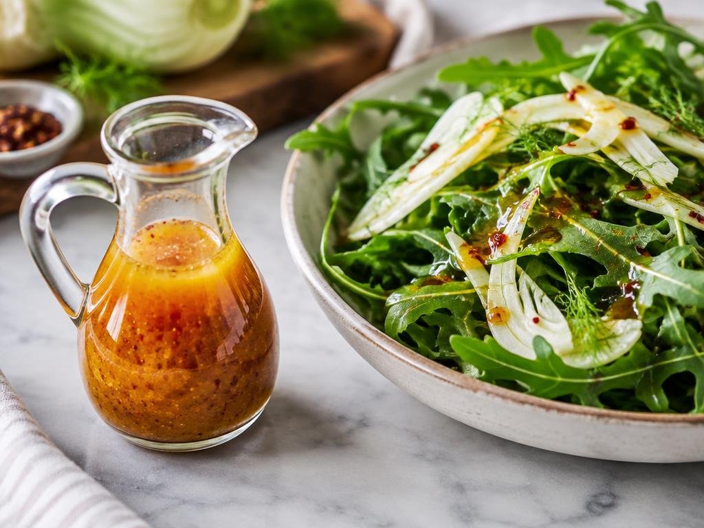 Small glass cruet of hot honey vinaigrette with chili flakes next to an arugula and shaved fennel salad (illustrative image)