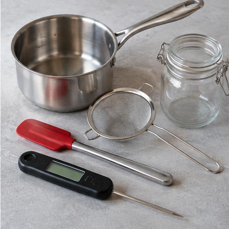 Saucepan, storage jars, and kitchen utensils on a work surface