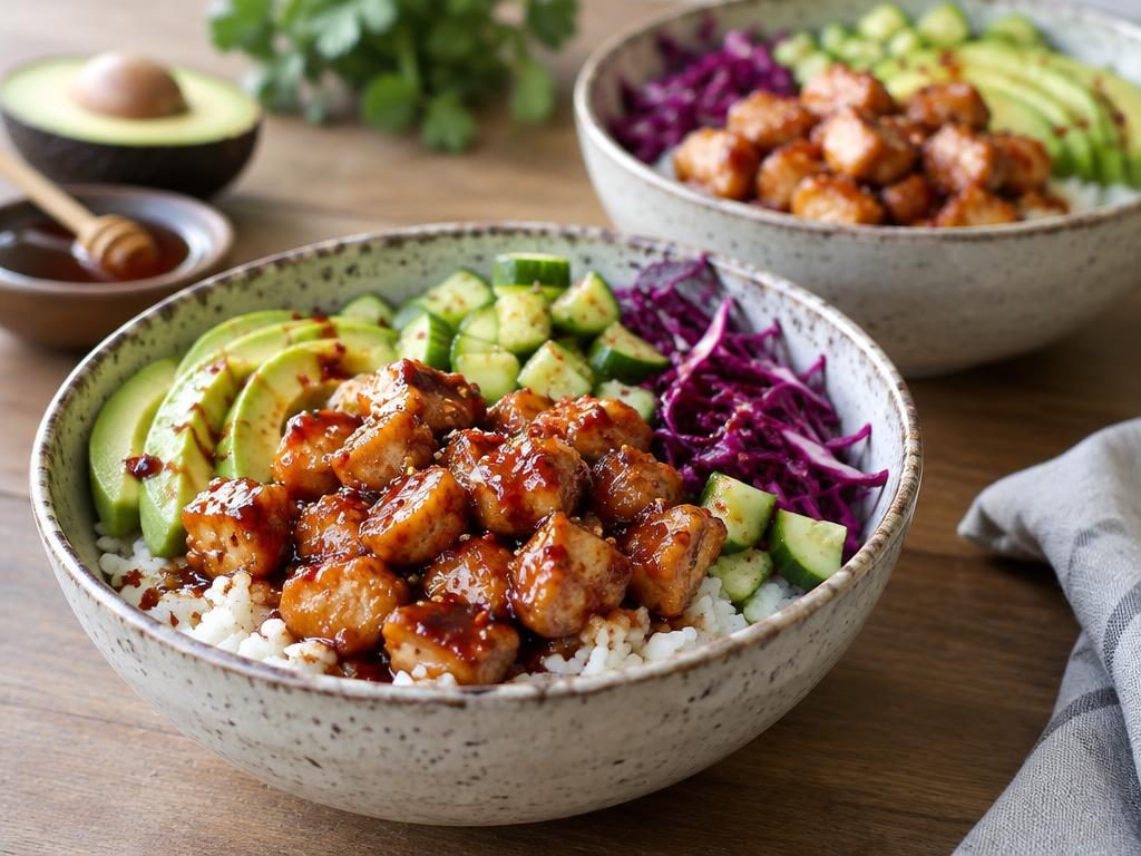 Rice bowls topped with glossy hot honey chicken, avocado, cucumber, and red cabbage (illustrative image)