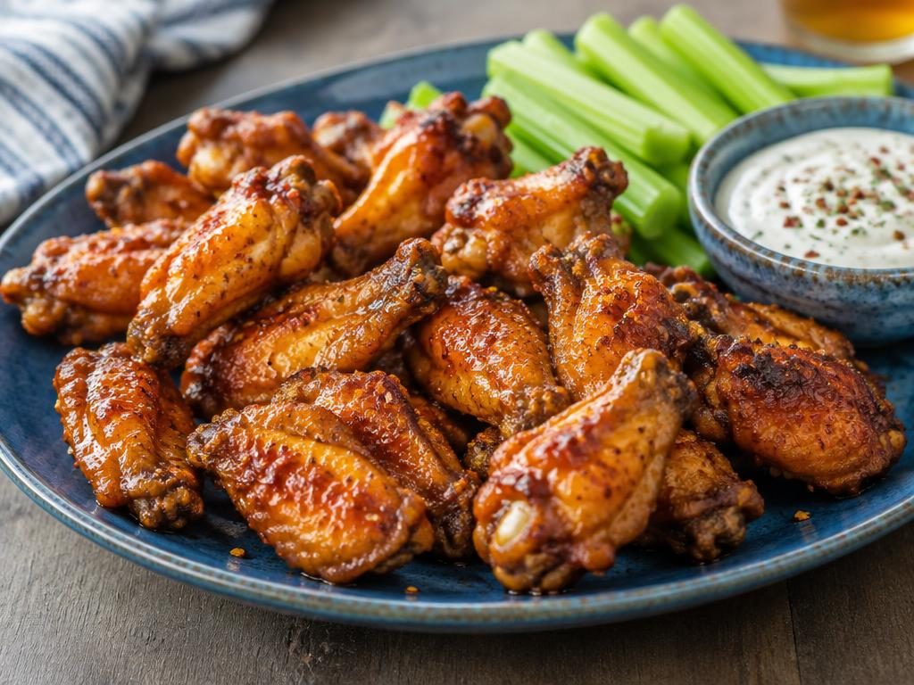 Roasted chicken wings glazed with hot honey on a blue platter beside celery and dip (illustrative image)