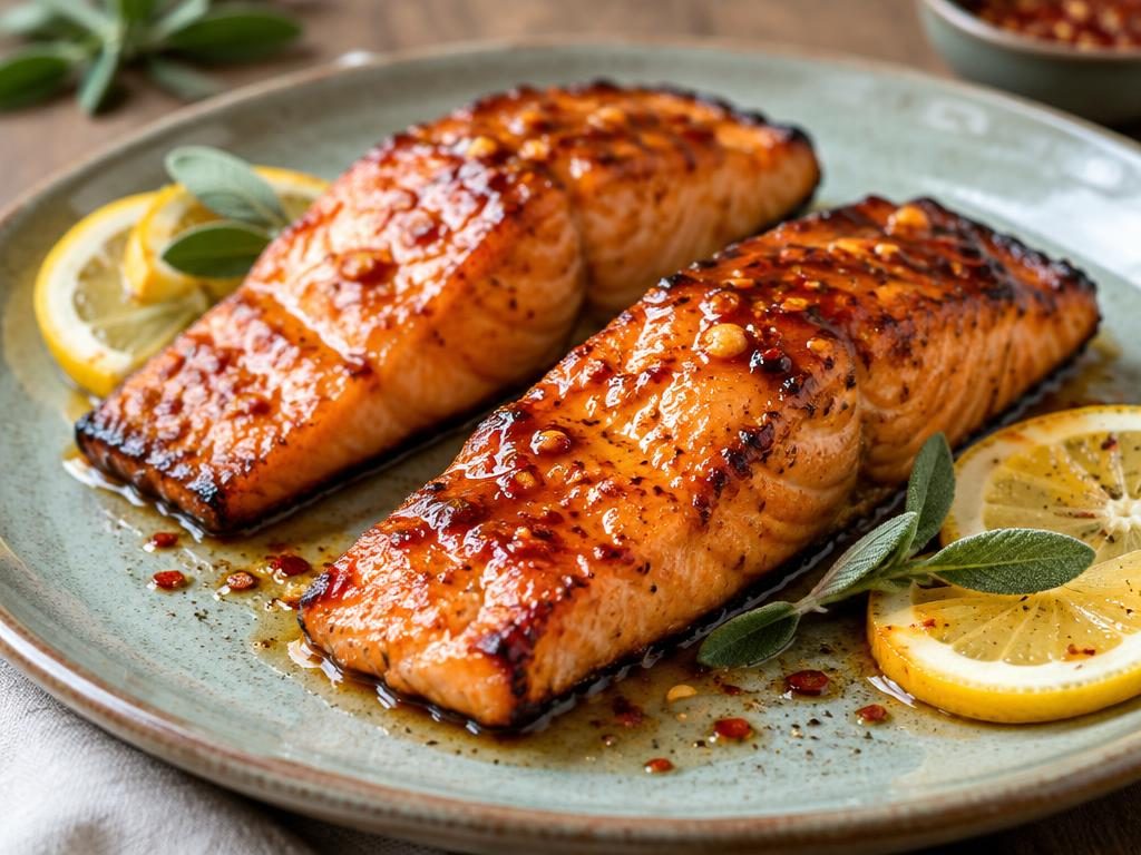 Roasted salmon fillets with glossy chili honey lemon glaze on a sage-colored plate (illustrative image)
